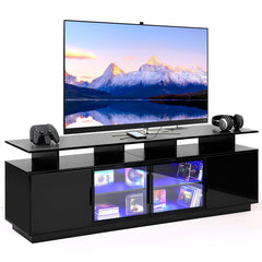 ansefe 70 Inch Black TV Stand for Living Room, LED Entertainment Center for Gaming, Modern TV Cabinet Console, Transparent Glass Door Storage Cabinet