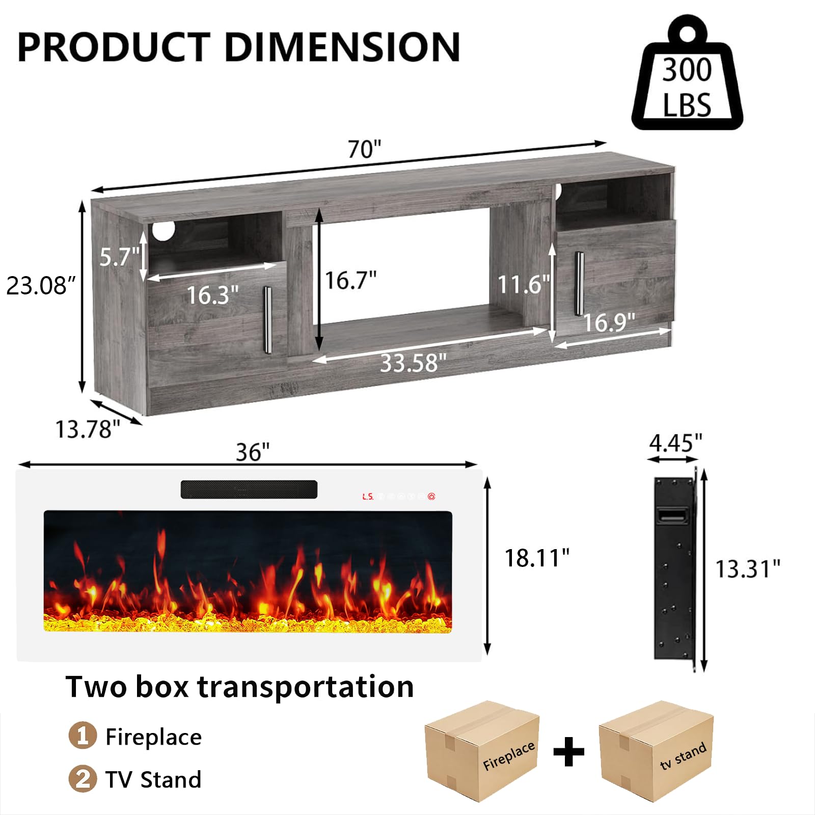 PRETZI Fireplace TV Stand with 36" Fireplace Up to 80" TVs for Living Room