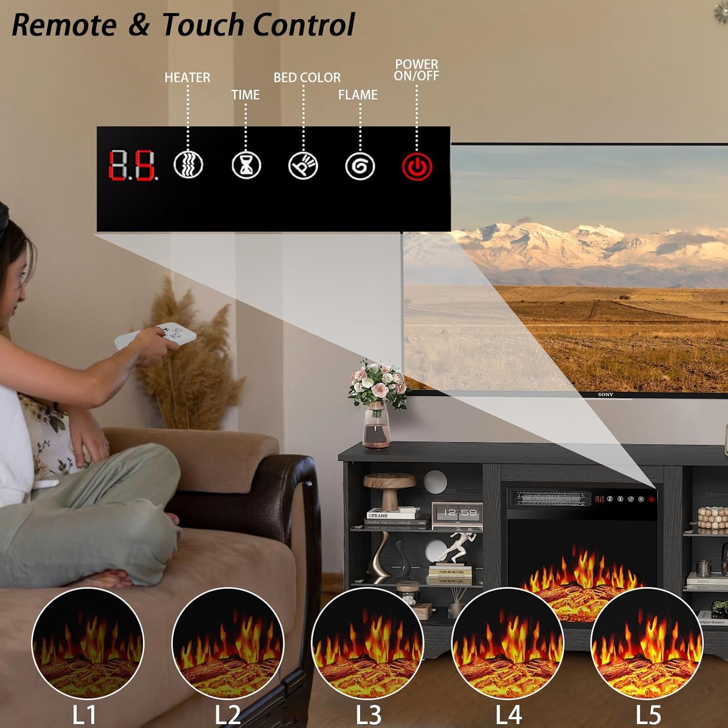 PRETZI Fireplace TV Stand with 36" Fireplace Up to 80" TVs for Living Room