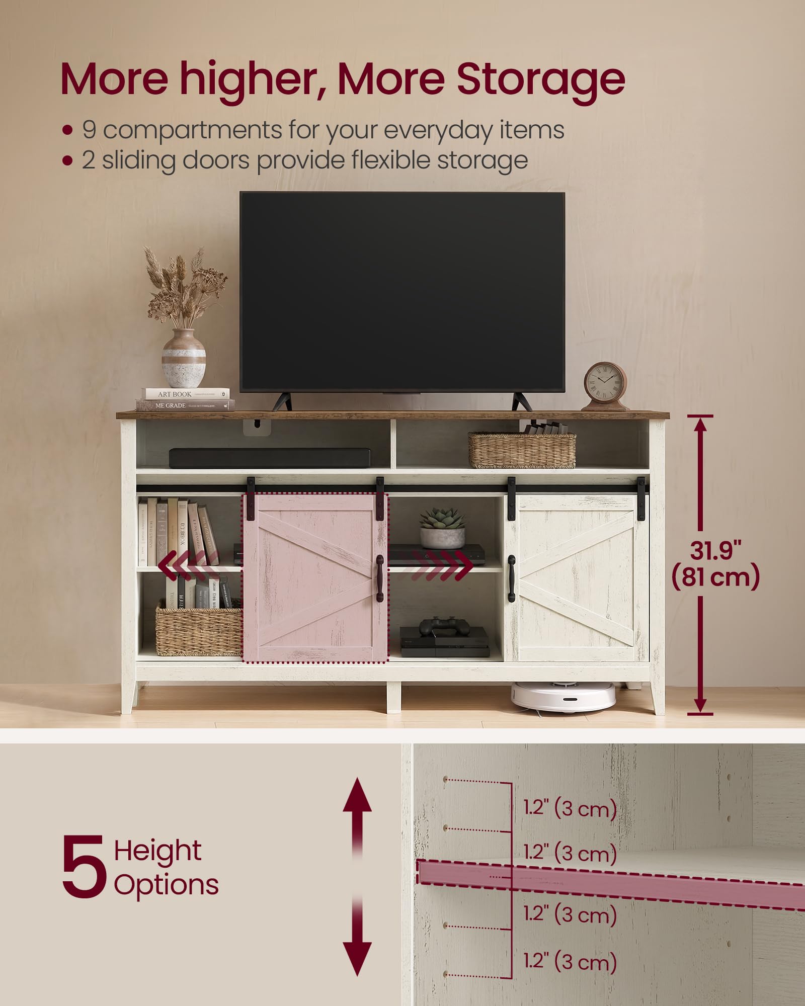 VASAGLE Tall Farmhouse TV Stand, Entertainment Center with Barn Doors, Storage Media Console Table for Living Room, 58.3 x 15.7 x 31.9 Inch, Rustic White and Honey Brown, LIRY Collection ULTV031W101S