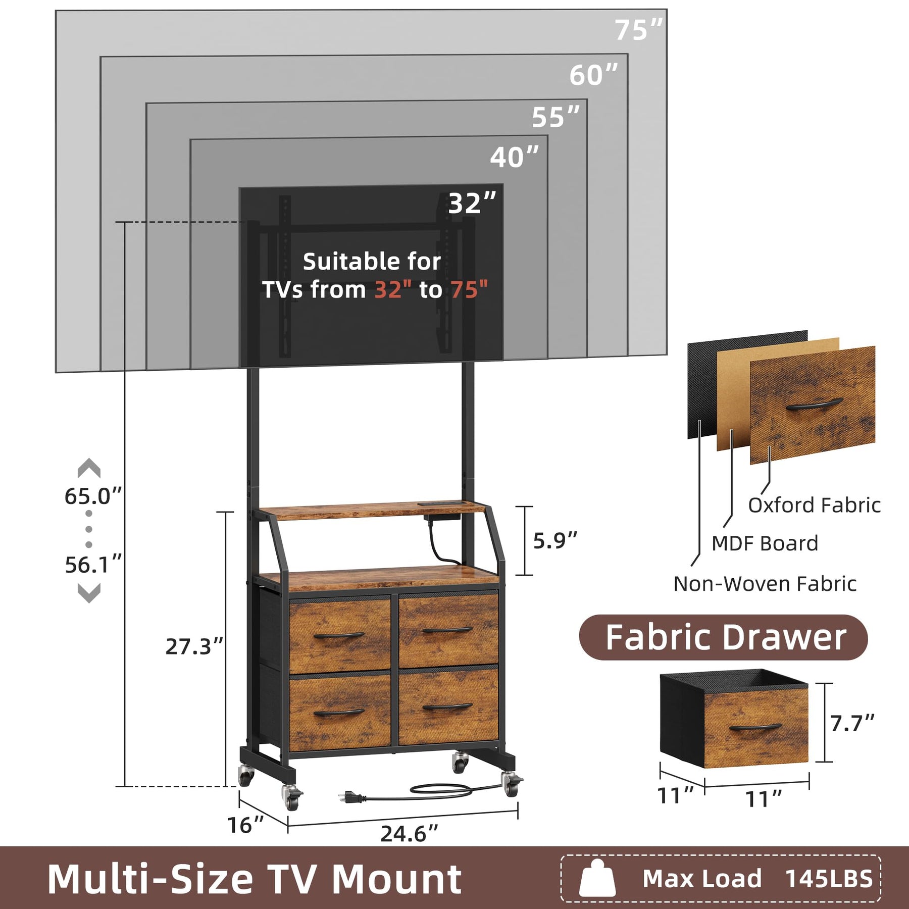 GYIIYUO Rolling TV Stand with Mount & 4 Fabric Drawers for 32-75 inch TVs