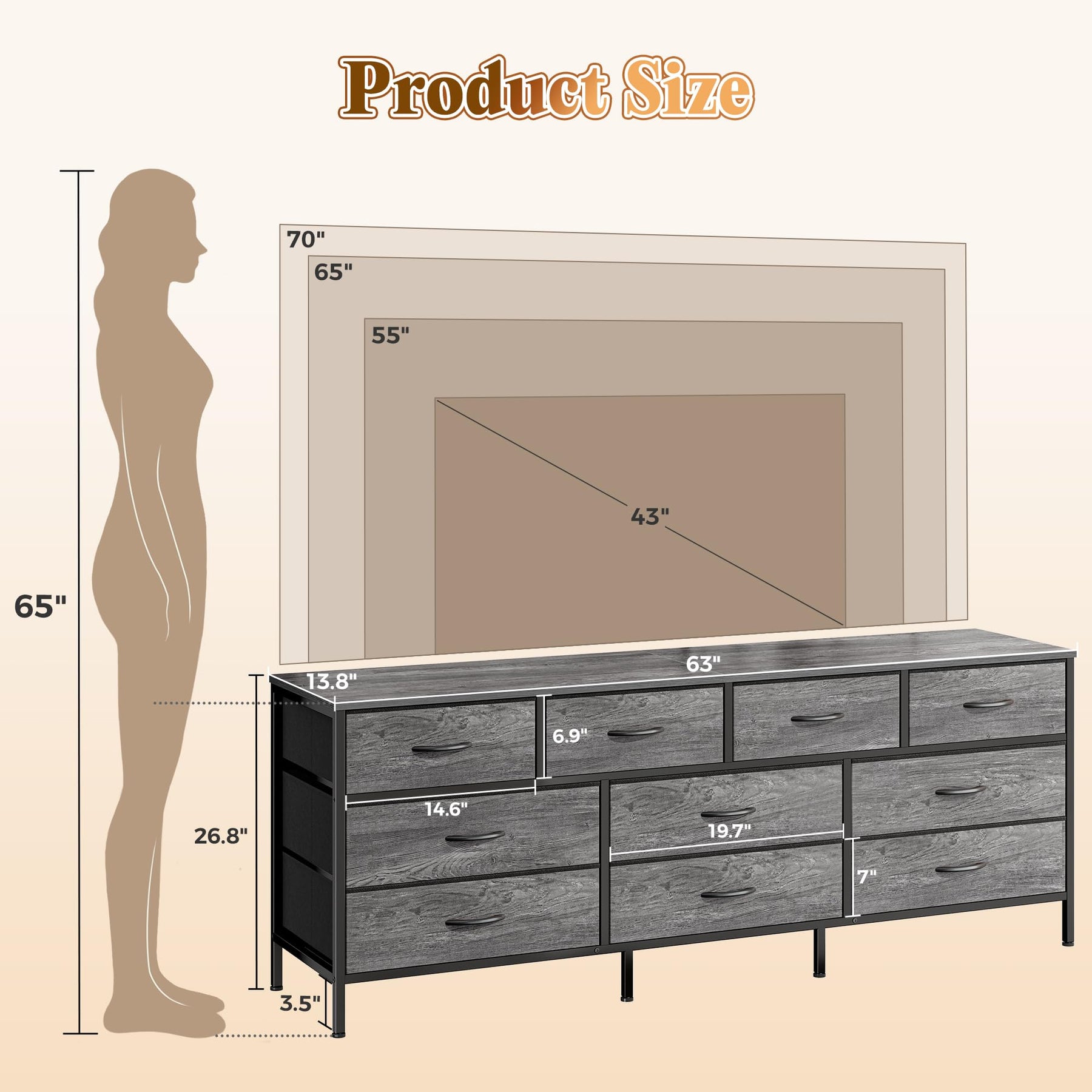 Huuger 63 Inch Dresser for Bedroom, Long Dresser with 10 Fabric Drawers, TV Stand for 55, 65, 70 Inch TV, Toy Storage Organizer for Closet, Rustic Brown