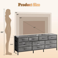 Huuger 63 Inch Dresser for Bedroom, Long Dresser with 10 Fabric Drawers, TV Stand for 55, 65, 70 Inch TV, Toy Storage Organizer for Closet, Rustic Brown