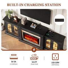 HolliWill 104" Fireplace TV Stand for TVs Up to 100 Inch, LED Electric Fireplace with Mantel and Sideboard Cabinets, Entertainment Center with 4 Glass Doors and Outlet, Modern for Living Room