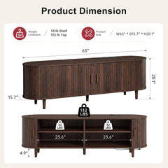 OneBlis 70" Mid Century Modern TV Stand, Wood TV Consoles with Sliding Doors and Power Outlet, Entertainment Center with Adjustable Shelves, Fluted TV Stands for Living Room, Walnut
