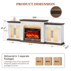 HolliWill 104" Fireplace TV Stand for TVs Up to 100 Inch, LED Electric Fireplace with Mantel and Sideboard Cabinets, Entertainment Center with 4 Glass Doors and Outlet, Modern for Living Room