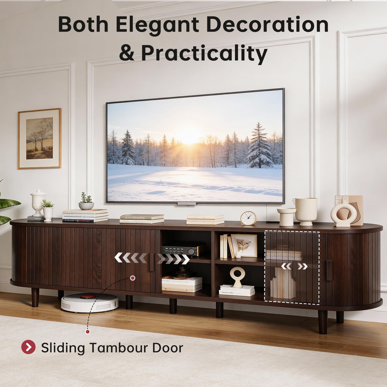 OneBlis 70" Mid Century Modern TV Stand, Wood TV Consoles with Sliding Doors and Power Outlet, Entertainment Center with Adjustable Shelves, Fluted TV Stands for Living Room, Walnut