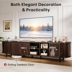 OneBlis 70" Mid Century Modern TV Stand, Wood TV Consoles with Sliding Doors and Power Outlet, Entertainment Center with Adjustable Shelves, Fluted TV Stands for Living Room, Walnut