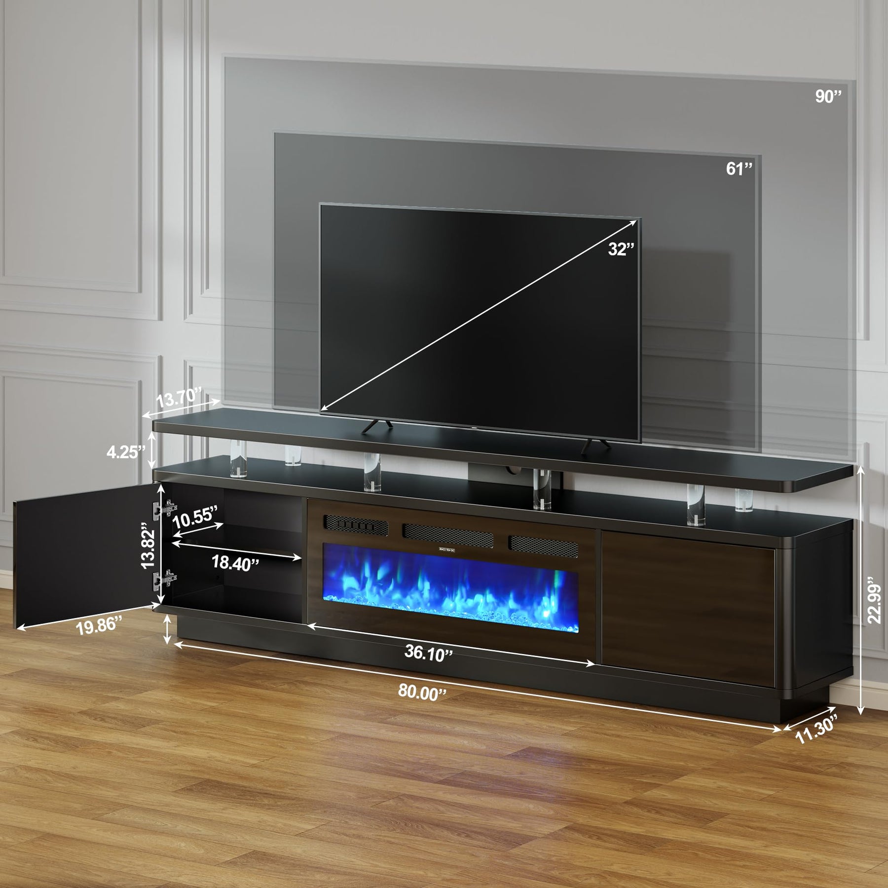 OneBlis 70" Fireplace TV Stand with Double LED Lights for TVs UP to 80", Electric Fireplace Entertainment Center with Storage Cabinets, TV Console for Living Room, Office, Black1
