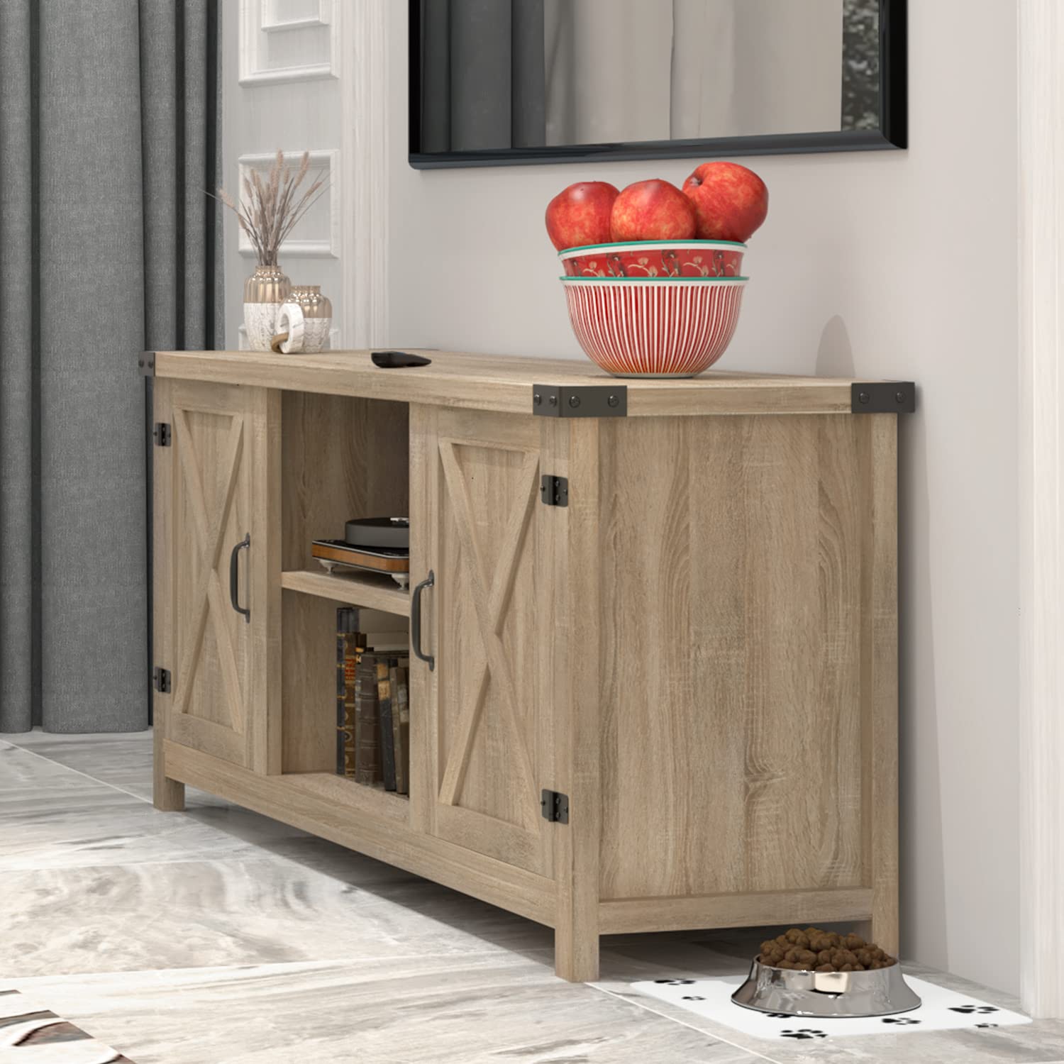 YESHOMY Modern Farmhouse TV Stand with Barn Door for 65 Inch TV, Gray Wash