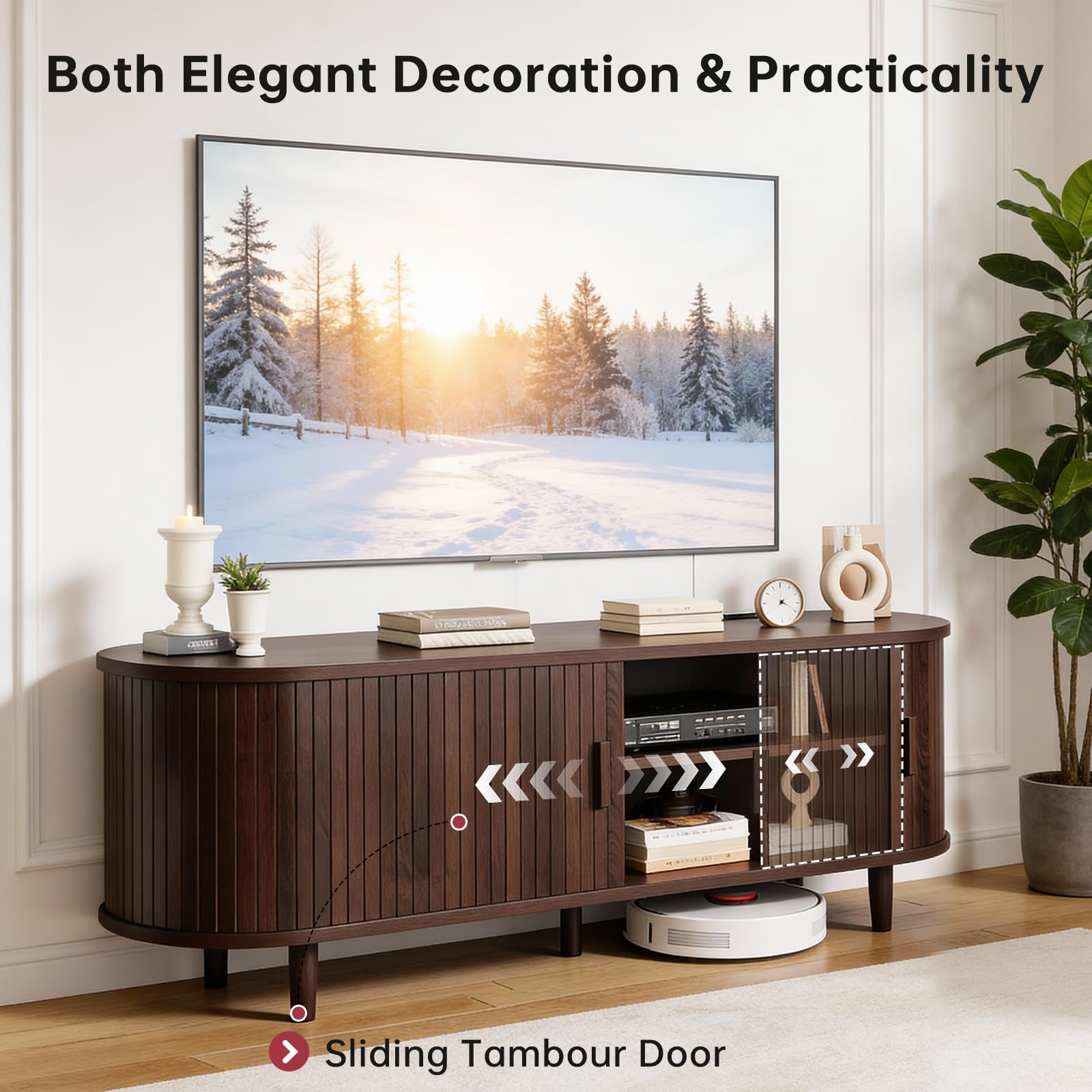 OneBlis 70" Mid Century Modern TV Stand, Wood TV Consoles with Sliding Doors and Power Outlet, Entertainment Center with Adjustable Shelves, Fluted TV Stands for Living Room, Walnut