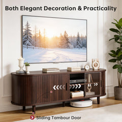 OneBlis 70" Mid Century Modern TV Stand, Wood TV Consoles with Sliding Doors and Power Outlet, Entertainment Center with Adjustable Shelves, Fluted TV Stands for Living Room, Walnut
