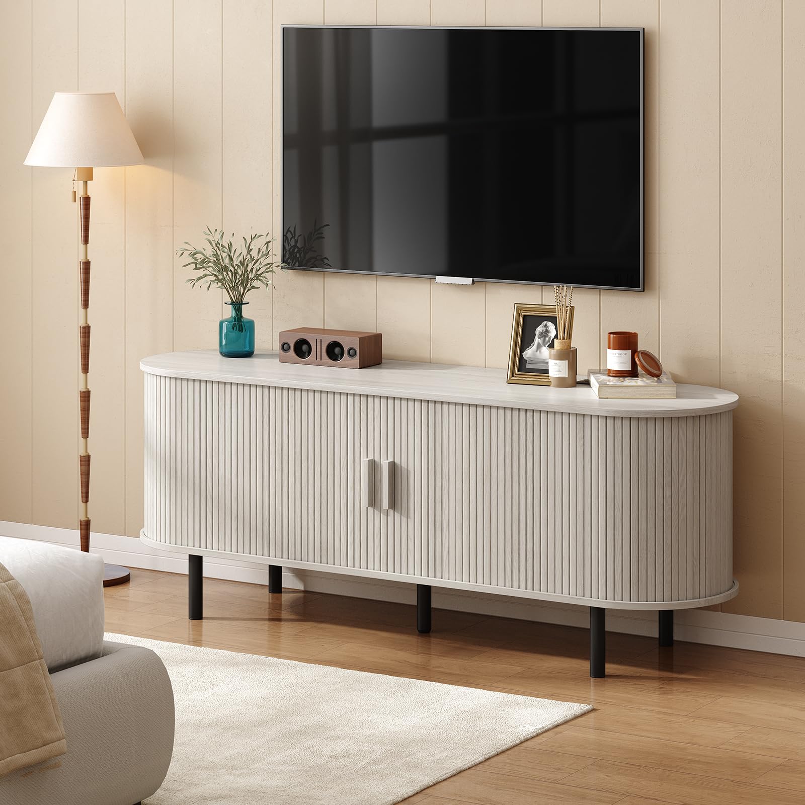 ONBRILL 70.8" TV Stand with Power Outlet for TVs up to 75 Inch, Entertainment Center with Storage and Adjustable Shelves, Modern Media Console with Sliding Doors for Living Room, Walnut