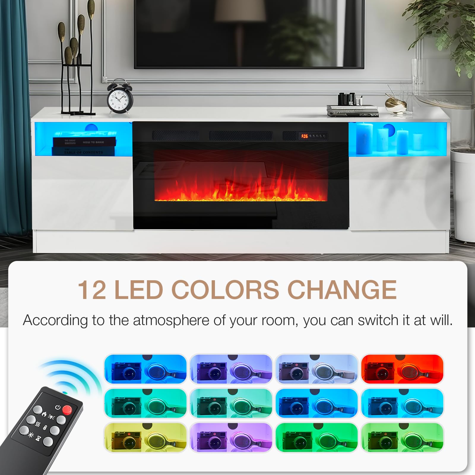 oneinmil Fireplace TV Stand with 36" Electric Fireplace, LED Light Entertainment Center, Modern Wood Texture Entertainment Stand with Highlight Storage Cabinet for TVs Up to 80", 70 inches, Black