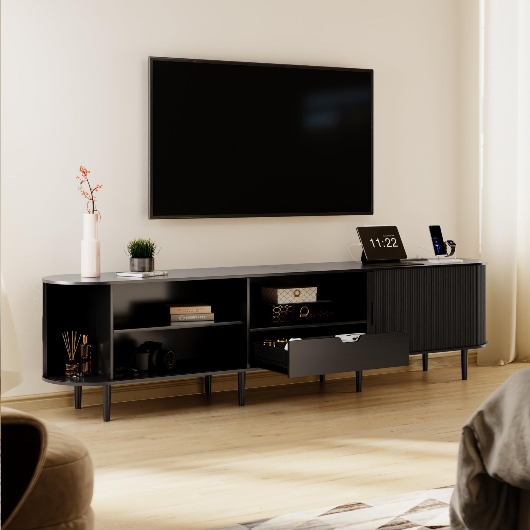 DHH 86.6" Fluted TV Stand with Power Outlet for TVs up to 90", TV Console with Adjustable Shelves and Sliding Door,Mid Century Modern Entertainment Center for Living Room,Bedroom (Walnut)