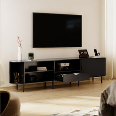 DHH 86.6" Fluted TV Stand with Power Outlet for TVs up to 90", TV Console with Adjustable Shelves and Sliding Door,Mid Century Modern Entertainment Center for Living Room,Bedroom (Walnut)