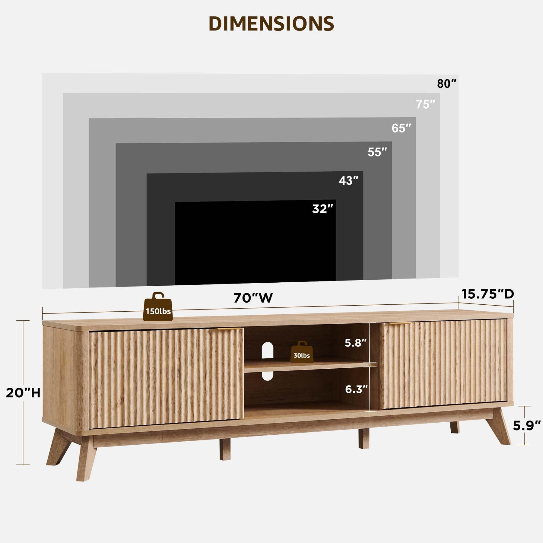 OKD 70" Mid Century Modern Fluted TV Stand w/ 2 Soft Close Door,Natural Oak