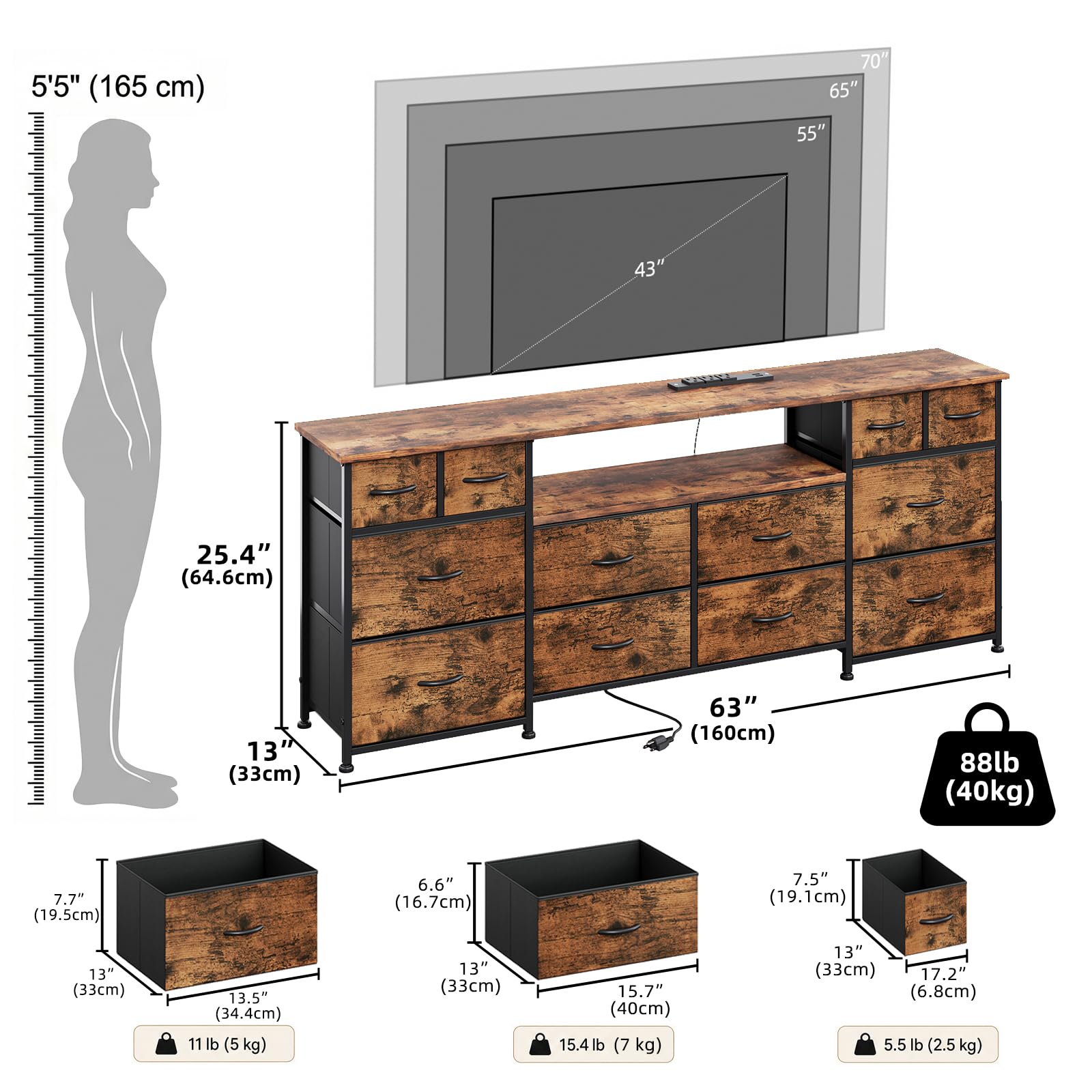 VERMESS 63 Inch 12 Drawers Long Dresser for Bedroom, Chest of Drawers, TV Stand with LED & Power Outlets, Entertainment Center with Storage Shelves, TV Unit for Living Room, for 65, 70 Inch TV, Black