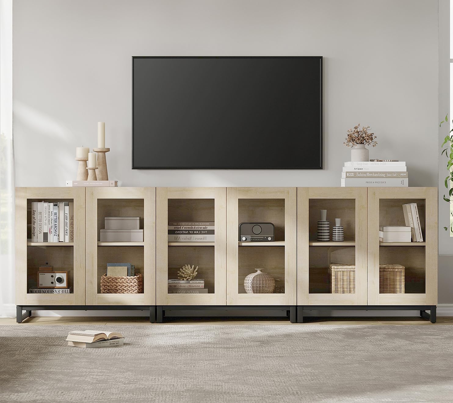 WAMPAT Modern TV Stand with Glass Doors for 80-120 inch TVs, 4 in 1 Entertainment Center Console with 4 Drawers and Metal Base for Living Room, Bedroom, Brown