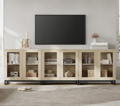 WAMPAT Modern TV Stand with Glass Doors for 80-120 inch TVs, 4 in 1 Entertainment Center Console with 4 Drawers and Metal Base for Living Room, Bedroom, Brown