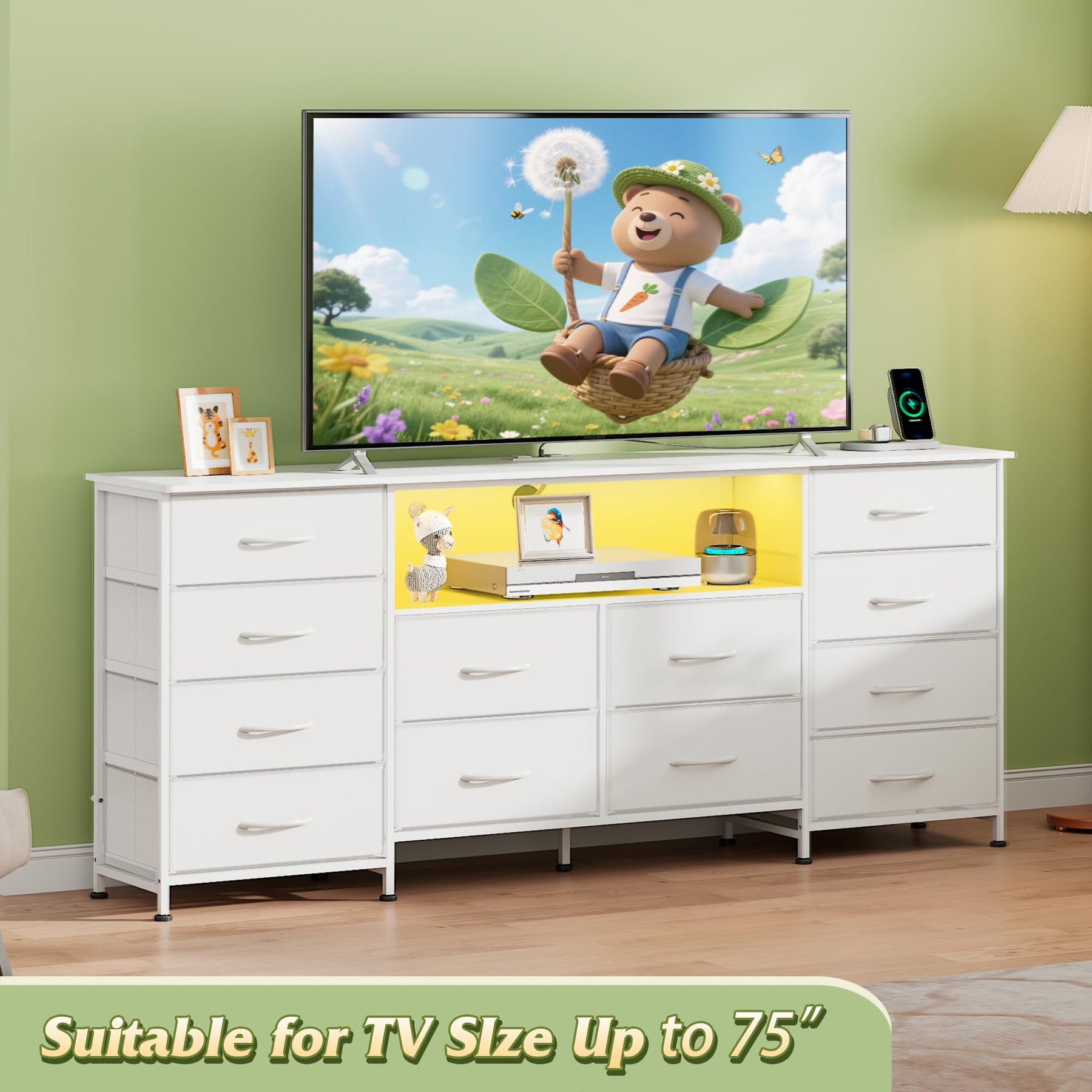 WLIVE LED Dresser TV Stand for 65 Inch TV, 8 Drawers, Rustic Brown