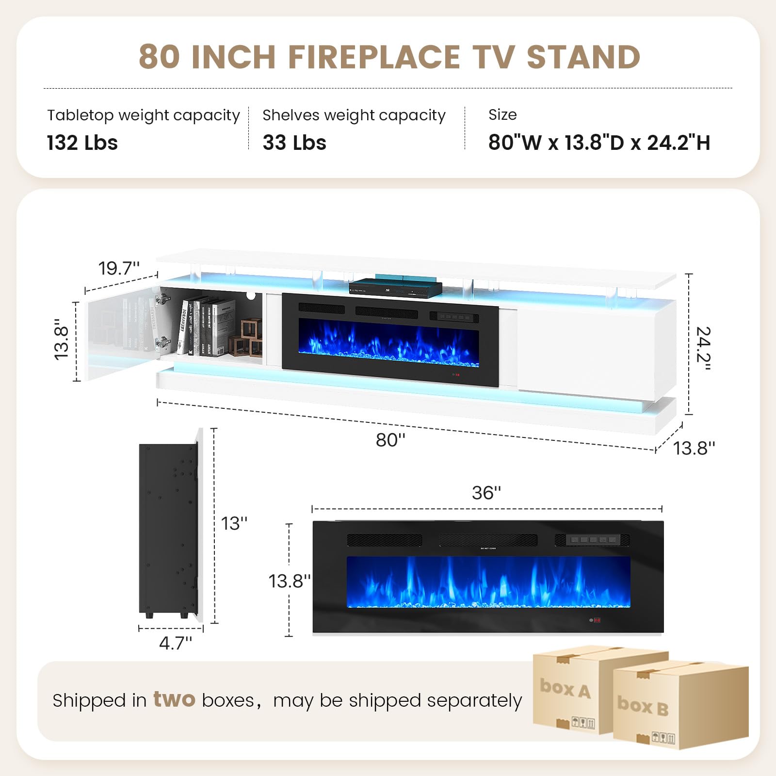 Nordivale 70" Fireplace TV Stand, Modern Entertainment Center for TVs Up to 80”, TV Console with Storage Cabinets, Media Console for Living Room, Black TV Stand and Black Fireplace
