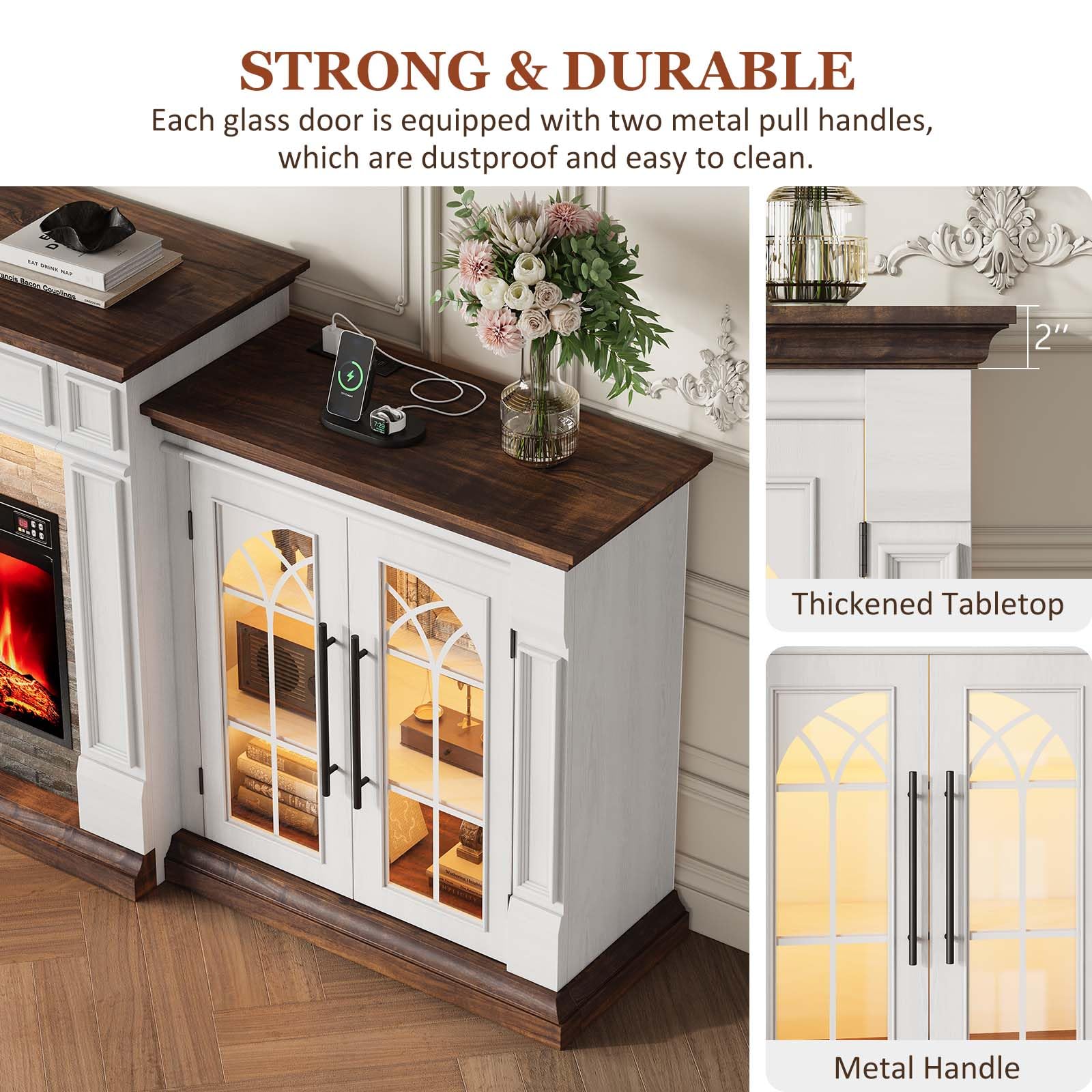 HolliWill 104" Fireplace TV Stand for TVs Up to 100 Inch, LED Electric Fireplace with Mantel and Sideboard Cabinets, Entertainment Center with 4 Glass Doors and Outlet, Modern for Living Room