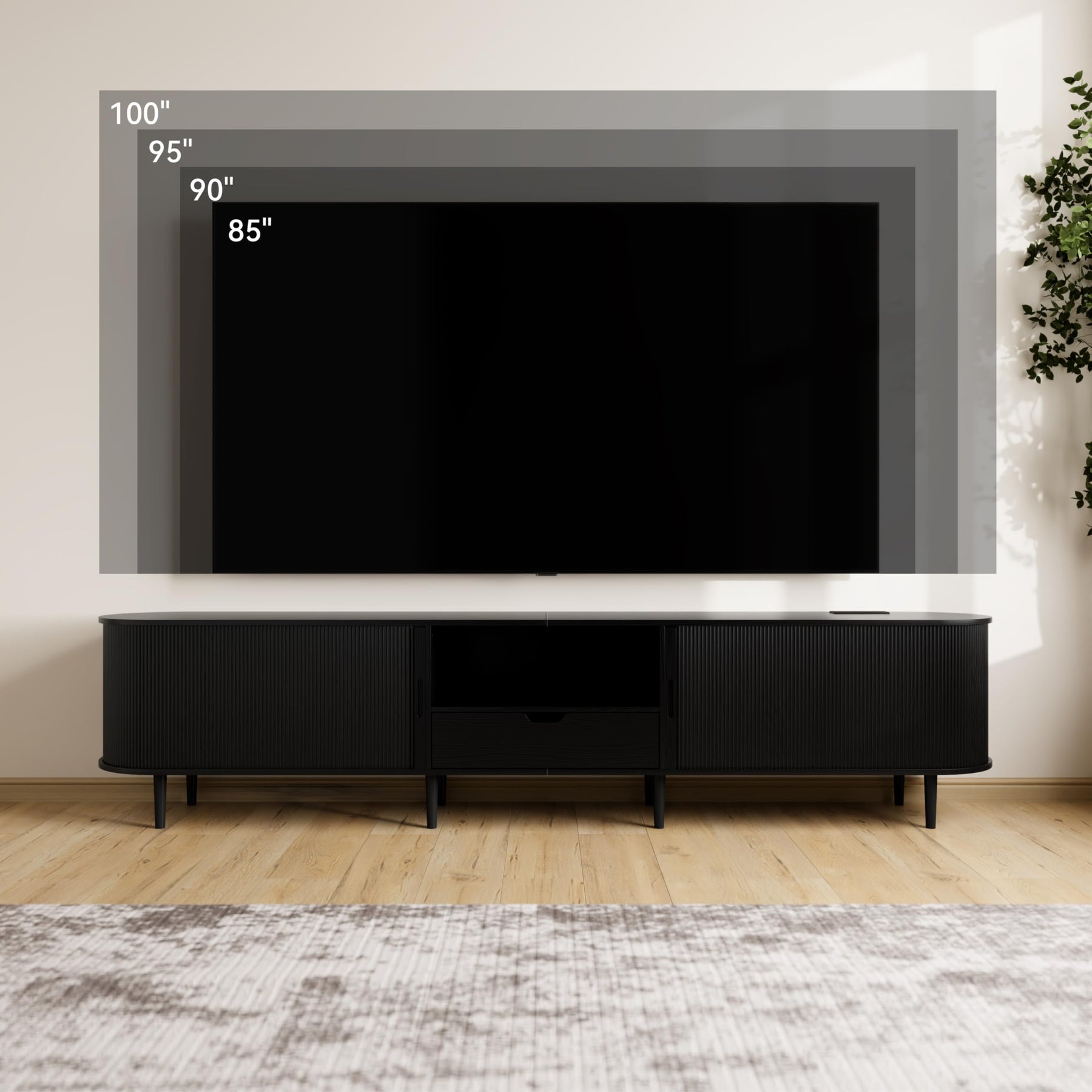 DHH 86.6" Fluted TV Stand with Power Outlet for TVs up to 90", TV Console with Adjustable Shelves and Sliding Door,Mid Century Modern Entertainment Center for Living Room,Bedroom (Walnut)