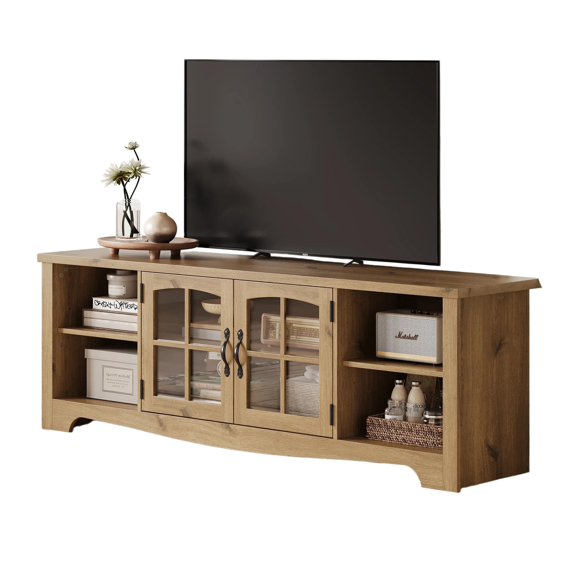 LINSY HOME Farmhouse TV Stand for 65 Inch TV, Wood Entertainment Center with Glass Door Storage Cabinet & Adjustable Shelves, Large Sturdy TV Console Table for Living Room Bedroom