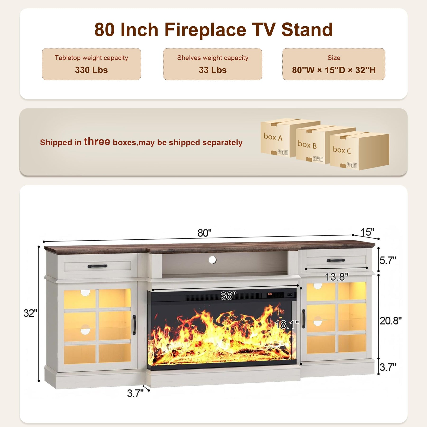 MXV 70" Fireplace TV Stand, 3-Sided Glass Fireplace and Modern Entertainment Center, Wooden Media Console with Glass Doors & Storage Drawers, LED Light, for Living Room, Antique White