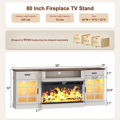 MXV 70" Fireplace TV Stand, 3-Sided Glass Fireplace and Modern Entertainment Center, Wooden Media Console with Glass Doors & Storage Drawers, LED Light, for Living Room, Antique White