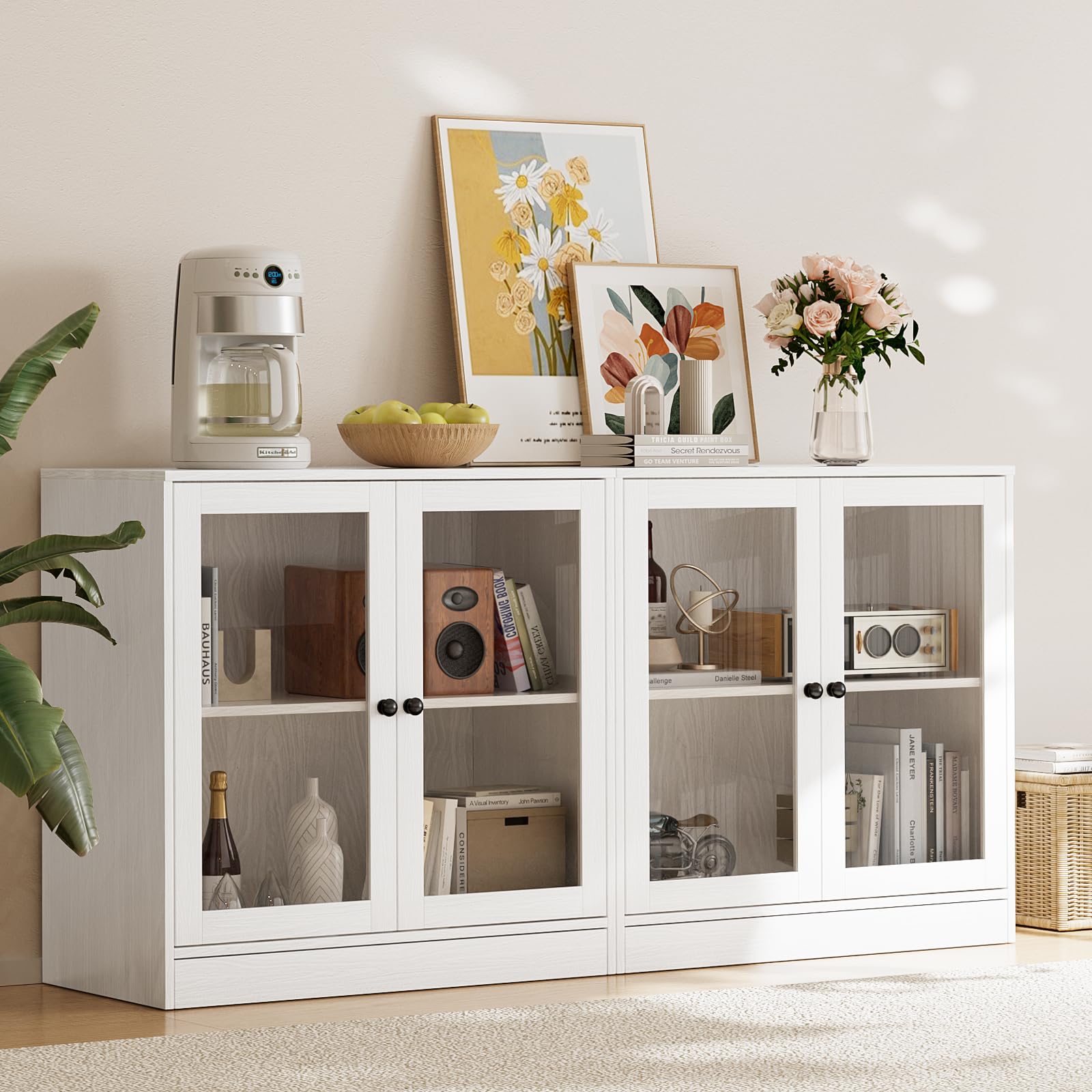TUSY 71" Large TV Stand Set - TV Entertainment Center for TVs up to 65", Media Center with Tempered Glass Doors and Drawer, TV Hutch with Bookshelves for Living Room (White, BDDB)