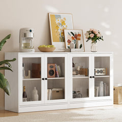 TUSY 71" Large TV Stand Set - TV Entertainment Center for TVs up to 65", Media Center with Tempered Glass Doors and Drawer, TV Hutch with Bookshelves for Living Room (White, BDDB)