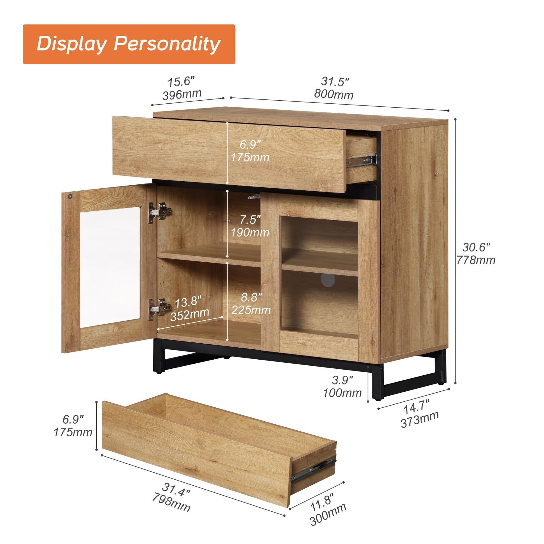 WAMPAT Modern TV Stand with Glass Doors for 80-120 inch TVs, 4 in 1 Entertainment Center Console with 4 Drawers and Metal Base for Living Room, Bedroom, Brown