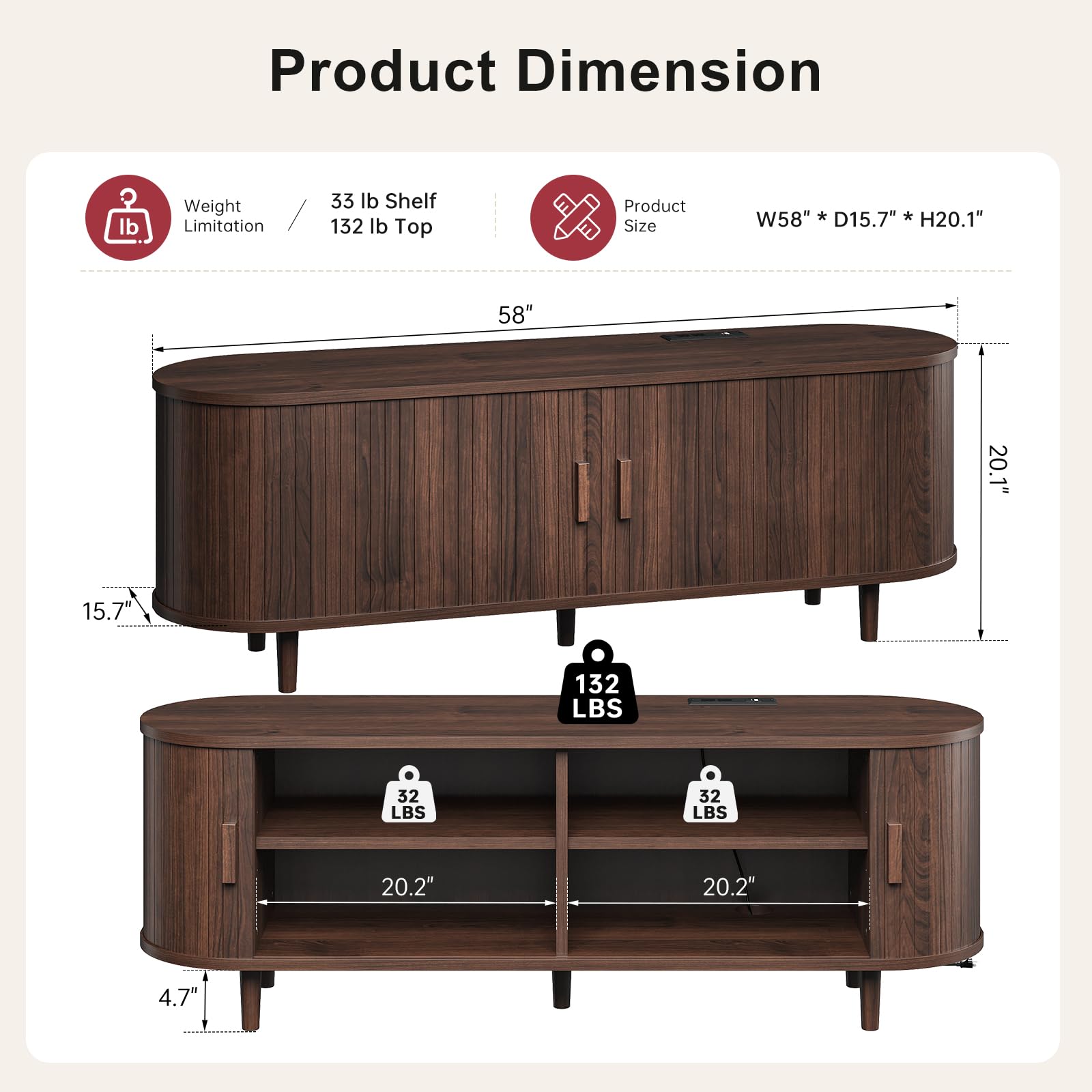 OneBlis 70" Mid Century Modern TV Stand, Wood TV Consoles with Sliding Doors and Power Outlet, Entertainment Center with Adjustable Shelves, Fluted TV Stands for Living Room, Walnut