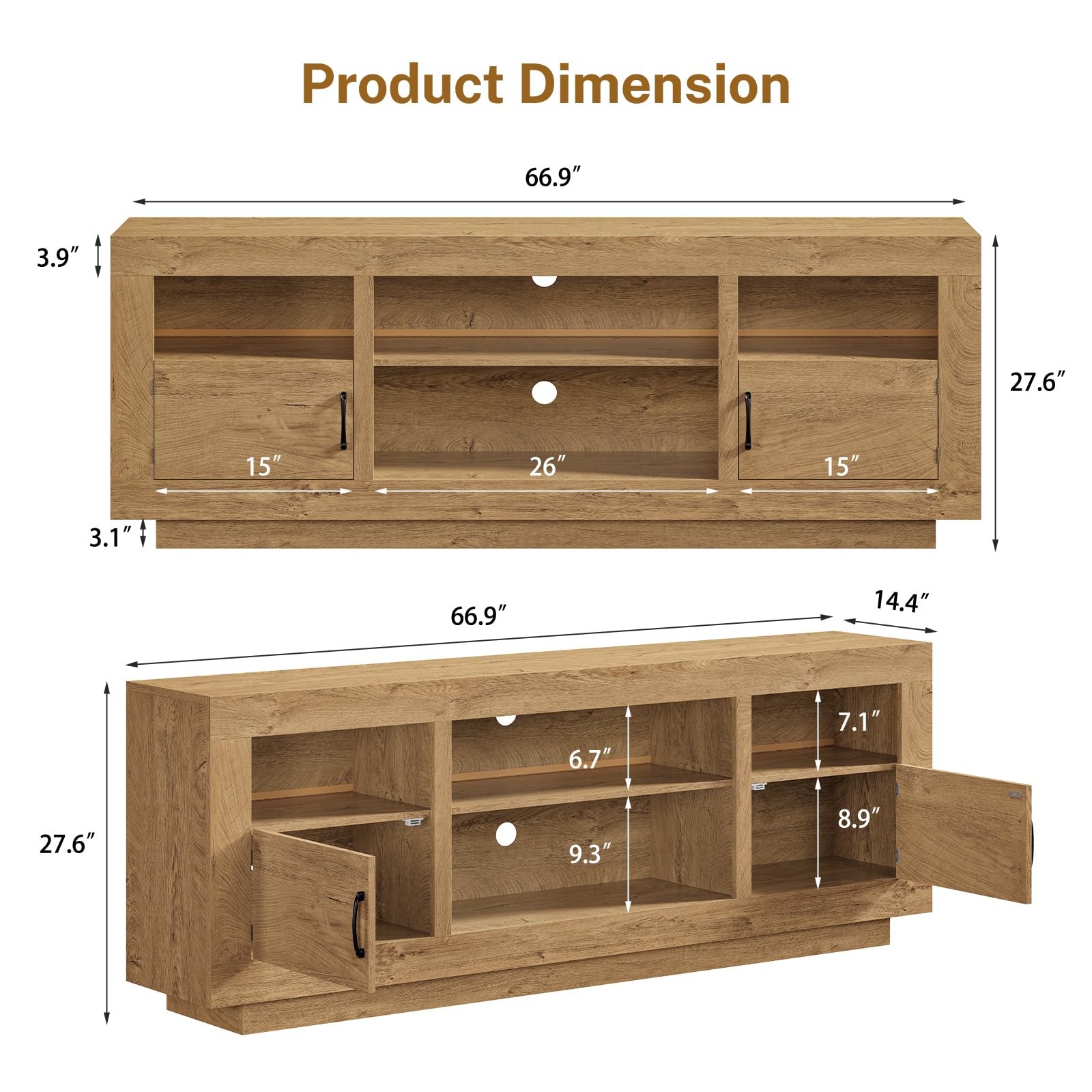 TEENFON 67" TV Stand for 75 inch TV, Entertainment Center with LED Lights | TV Console, Media Console Table with Open Storage & Side Cabinets, TV Stands for Living Room, Bedroom, Natural Knotty Oak
