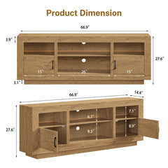 TEENFON 67" TV Stand for 75 inch TV, Entertainment Center with LED Lights | TV Console, Media Console Table with Open Storage & Side Cabinets, TV Stands for Living Room, Bedroom, Natural Knotty Oak