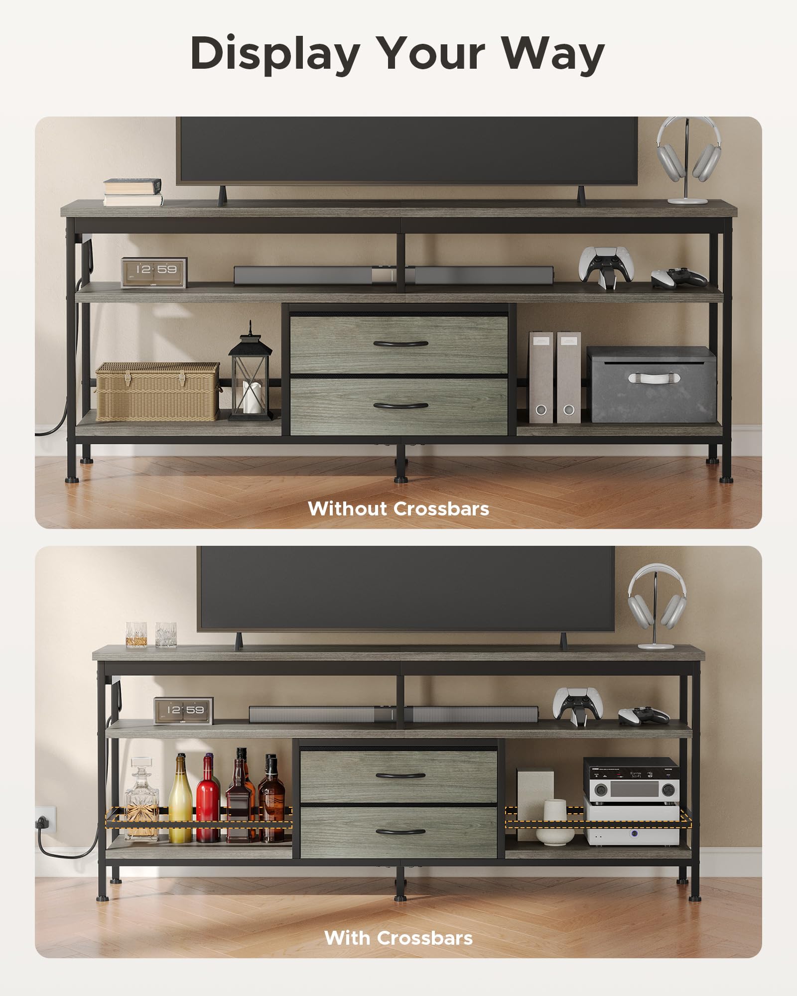 Lazzanto 63in TV Stand for 55-75in TVs, LED Lights, Charging Station, Black