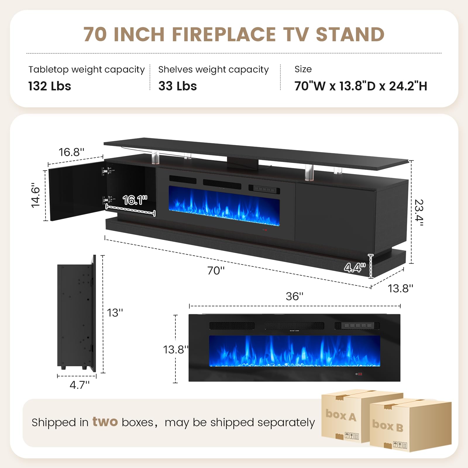 Nordivale 70" Fireplace TV Stand, Modern Entertainment Center for TVs Up to 80”, TV Console with Storage Cabinets, Media Console for Living Room, Black TV Stand and Black Fireplace