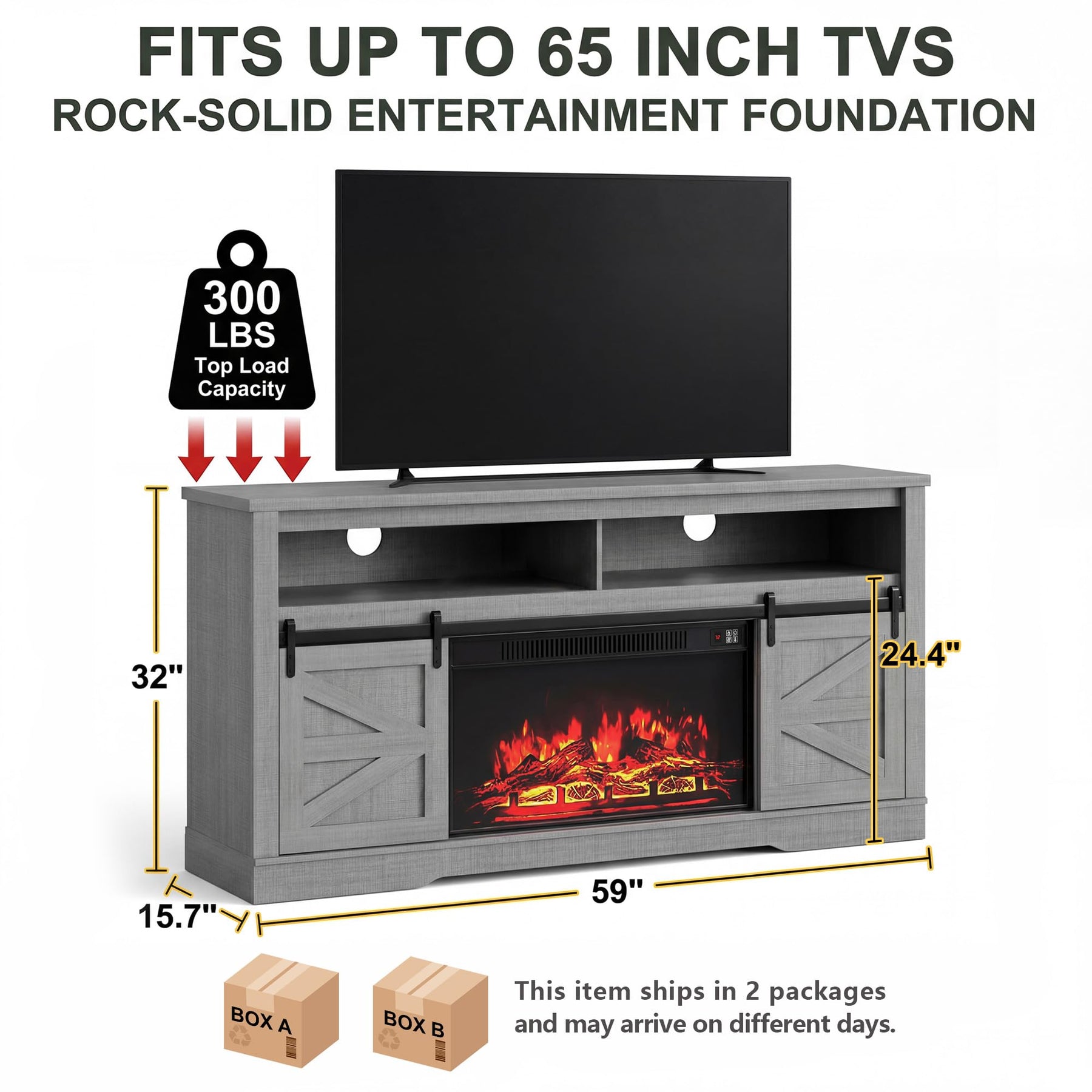 YESHOMY 58" Farmhouse TV Stand for TVs up to 65", Sliding Barn Doors, White