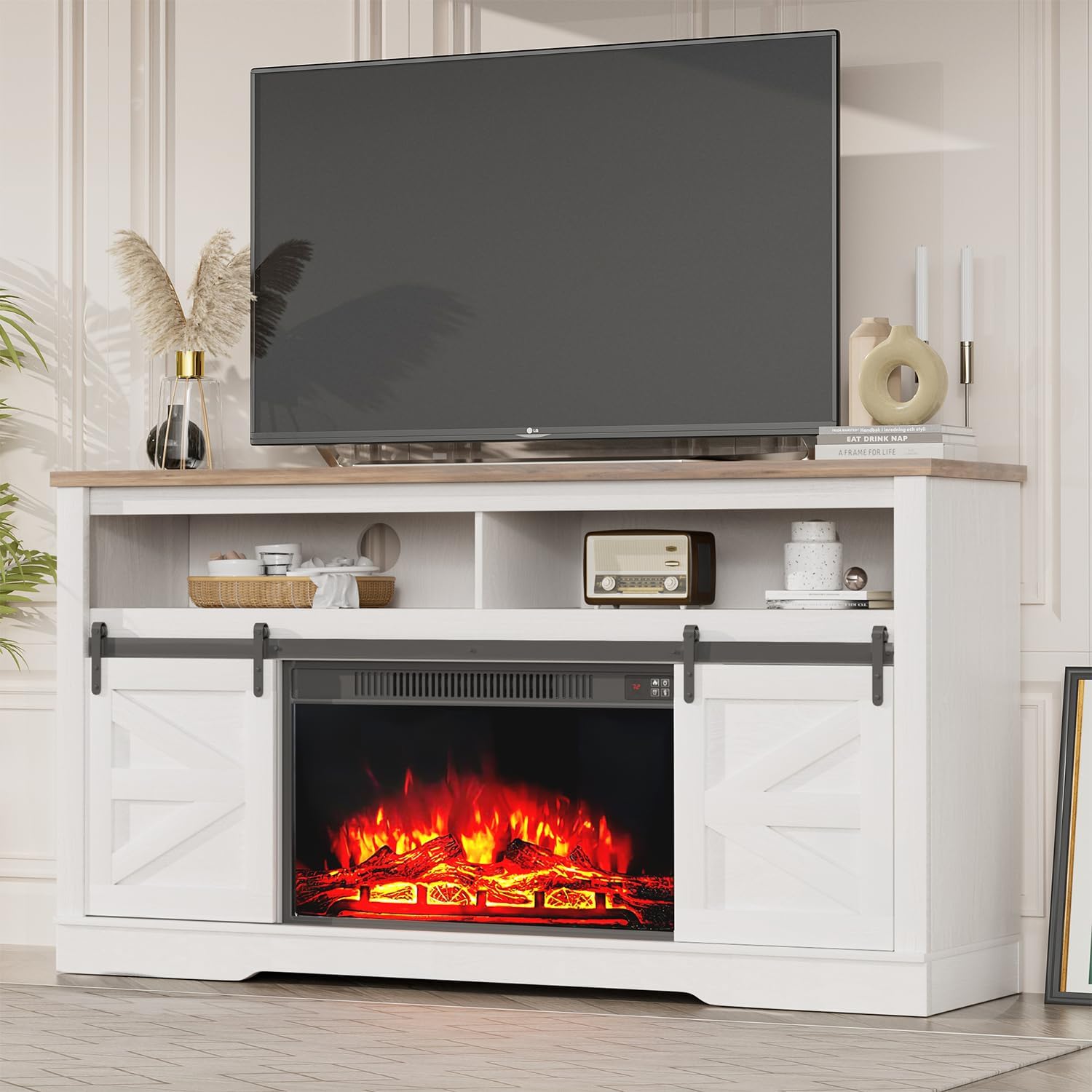 YESHOMY 58" Farmhouse TV Stand for TVs up to 65", Sliding Barn Doors, White