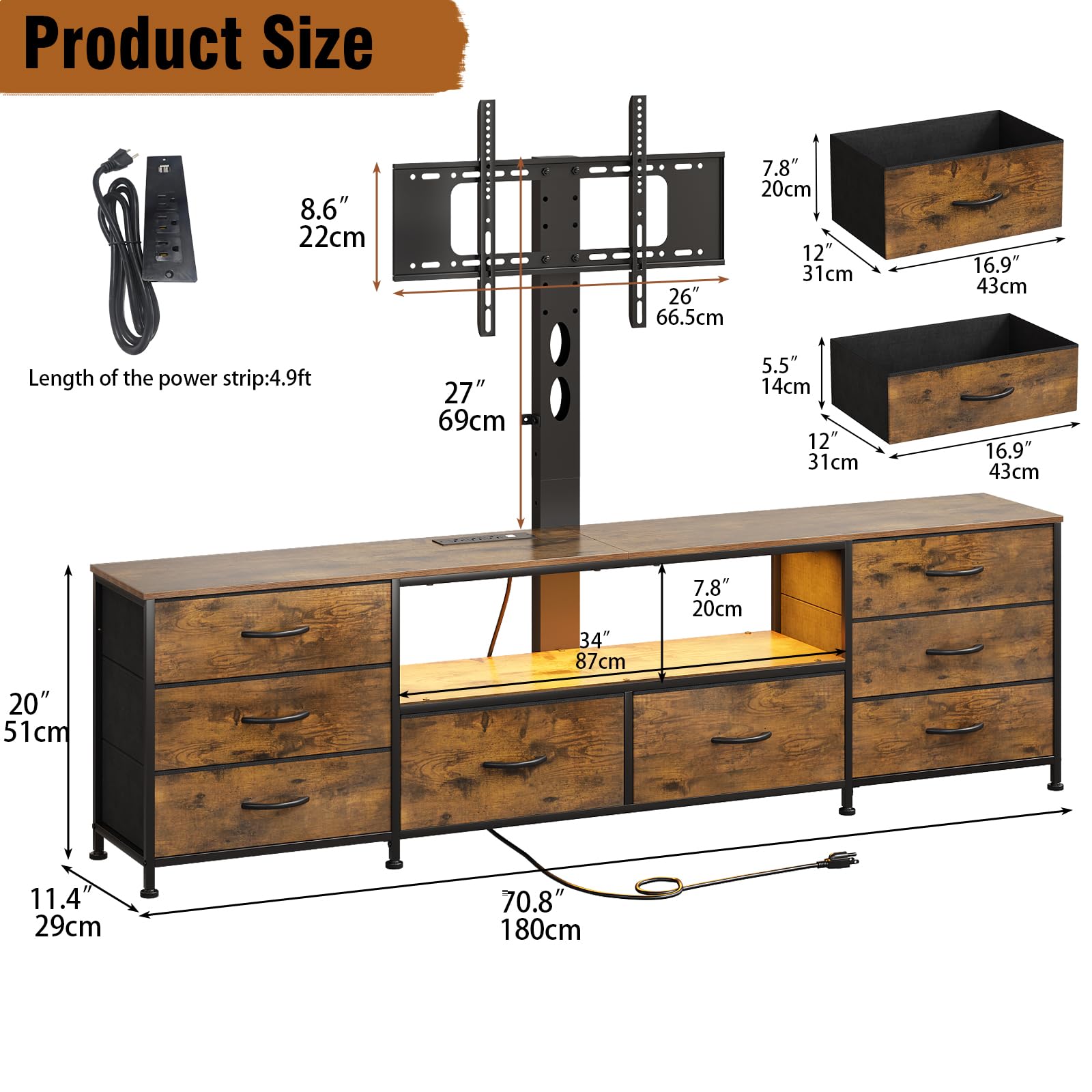 Welfuturer 70.8" W TV Stand with Mount and Power Outlet for 65/70/75/80 Inch TV, Farmhouse Entertainment Center with 8 Fabric Drawers, LED Lights and Open Storage Shelves for Living Room
