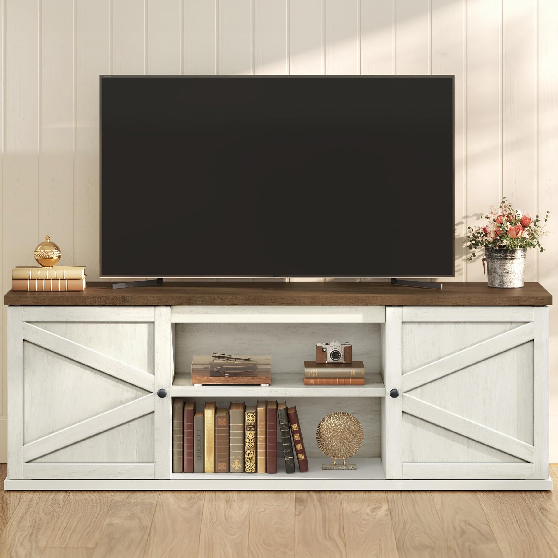VASAGLE Farmhouse TV Stand for TVs up to 65 Inches, Entertainment Center with Storage Cabinets and Sliding Barn Doors, Media Console Table for Living Room, Honey Brown ULTV535K101