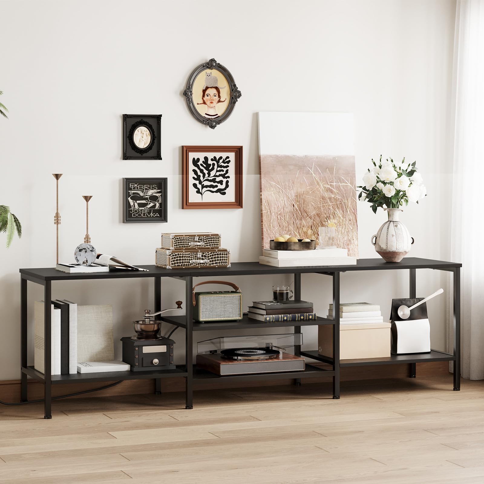 HOOBRO TV Stand with Power Outlets to 75 Inches, TV Console Table with Open Storage Shelves Cabinet, Industrial Media Entertainment Center for Living Room Bedroom, Rustic Brown and Black BF80DS01