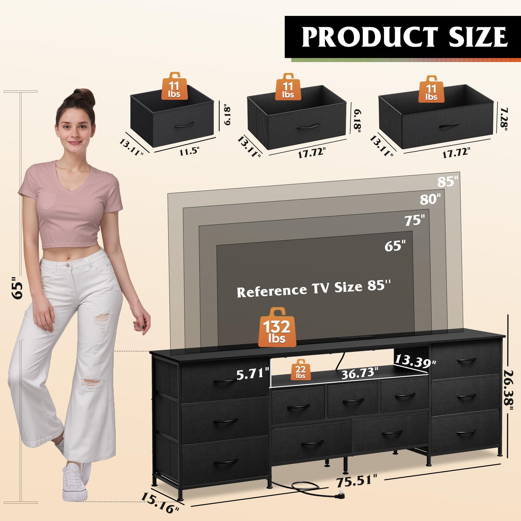WLIVE LED Dresser TV Stand for 65 Inch TV, 8 Drawers, Rustic Brown