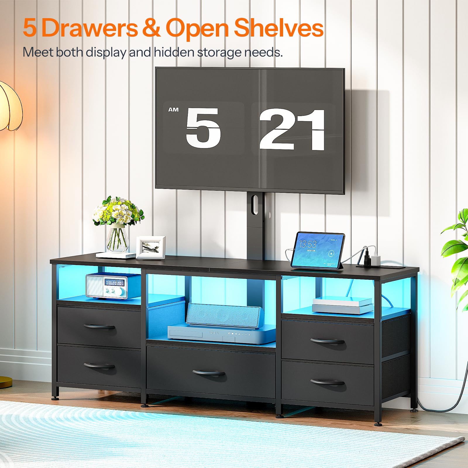 HOOBRO TV Stand with Mount Up to 65 inch TV, with Drawers and Power Outlet