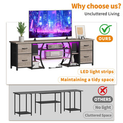 ZHNSYDN LED TV Stand for 65, 70, 80 Inch TV,71 Inch Industrial Entertainment Center with Power Outlets,Media Console Table with Open Storage Shelves & Fabric Drawers for Living Room Bedroom,Greige