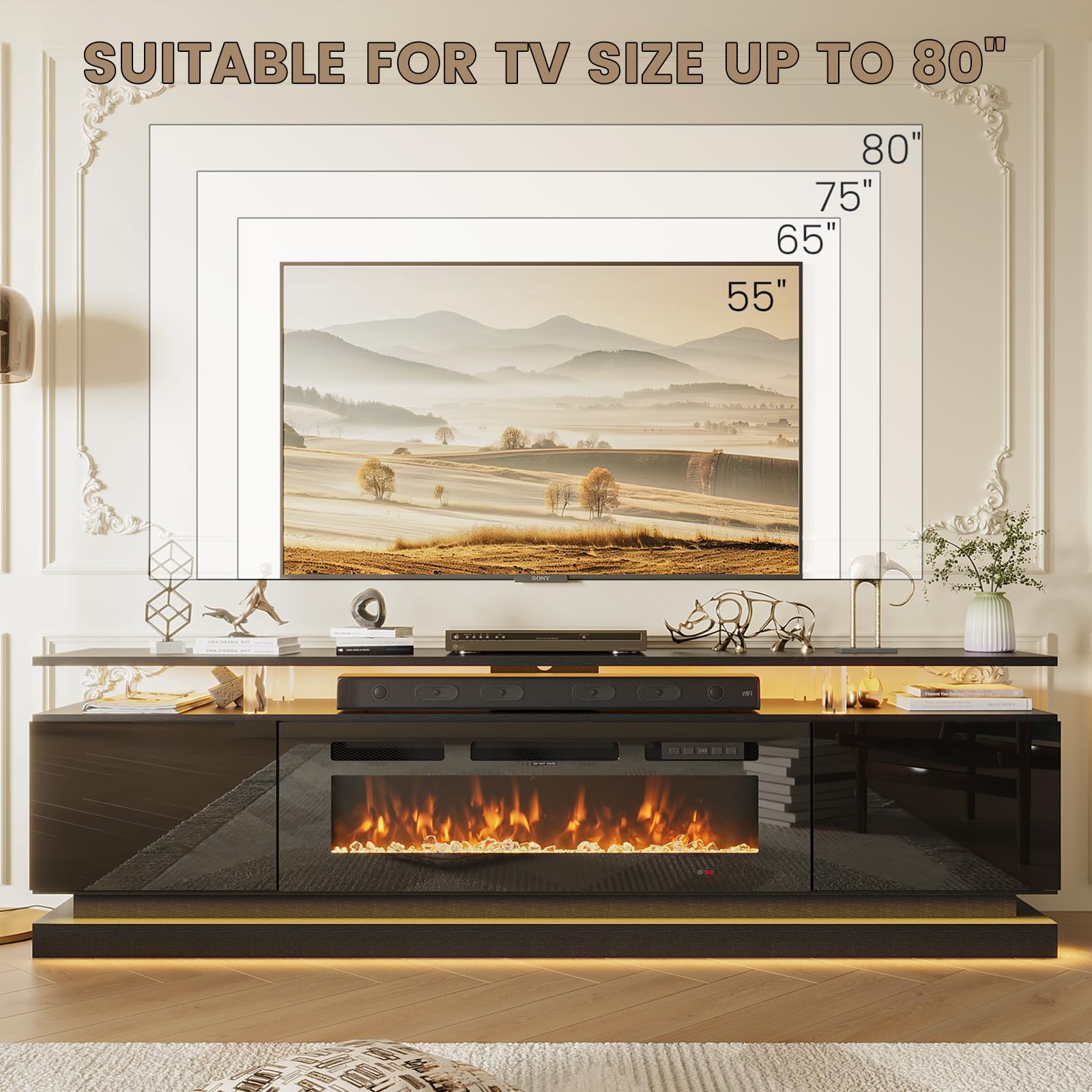 Nordivale 70" Fireplace TV Stand, Modern Entertainment Center for TVs Up to 80”, TV Console with Storage Cabinets, Media Console for Living Room, Black TV Stand and Black Fireplace