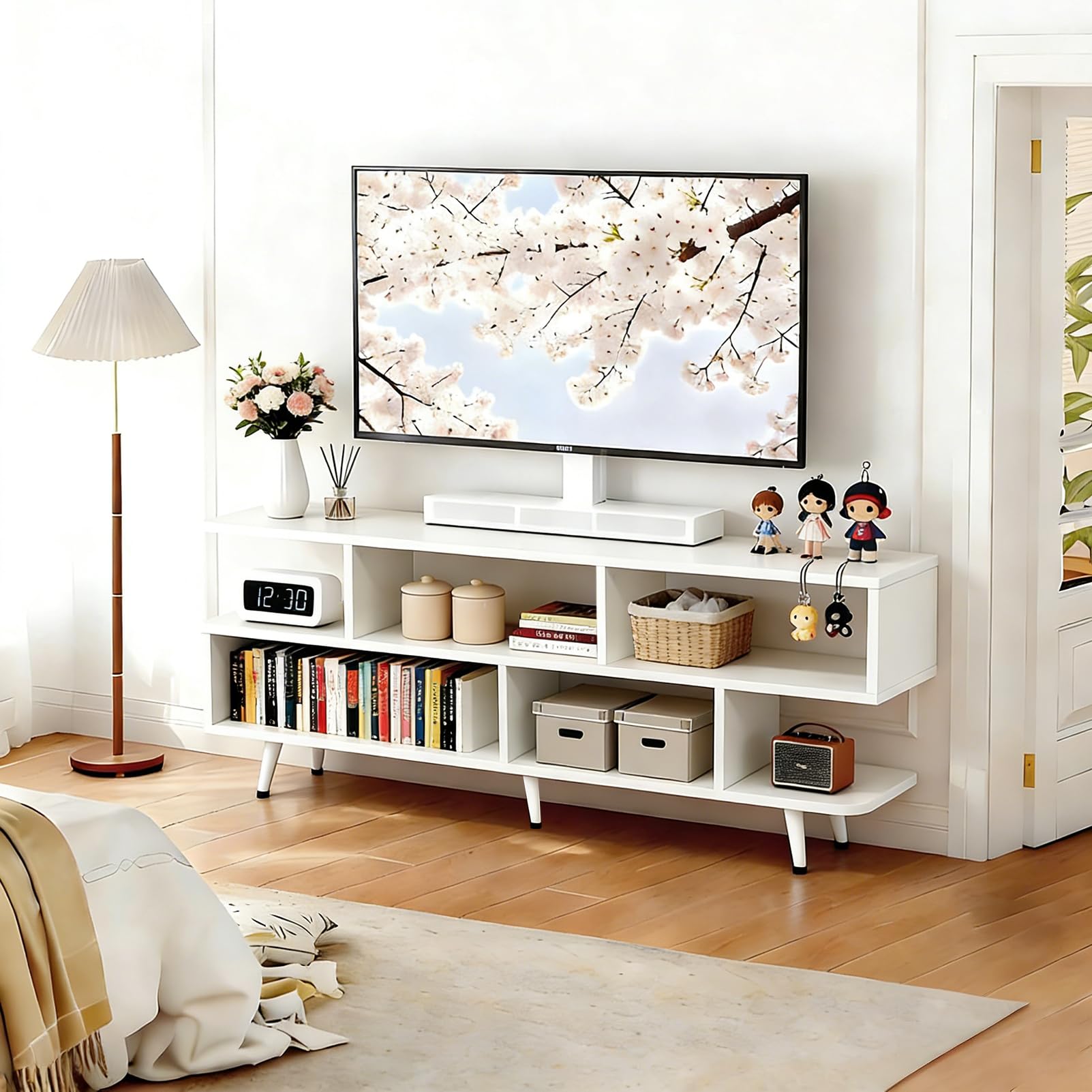 ACOHOOK Walnut 60" Mid-Century TV Stand with Storage Open Shelf