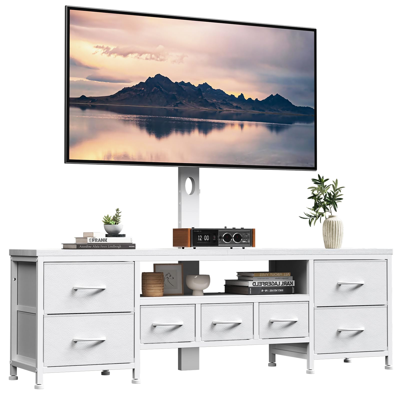 DrawXynth TV Stand with Mount for 45/55/65/75 inch TVs, 51.2" Dresser TV Stand Entertainment Center with 7 Fabric Drawers, Open Storage Shelves, Media Console for Living Room